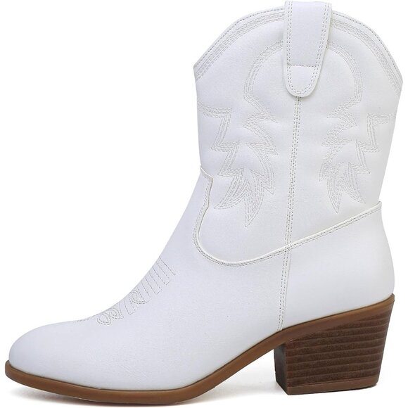 Todaysunny Women Beige Western Femme Cowboy Calf Ankle Booties With Side Zip - Picture 2 of 5